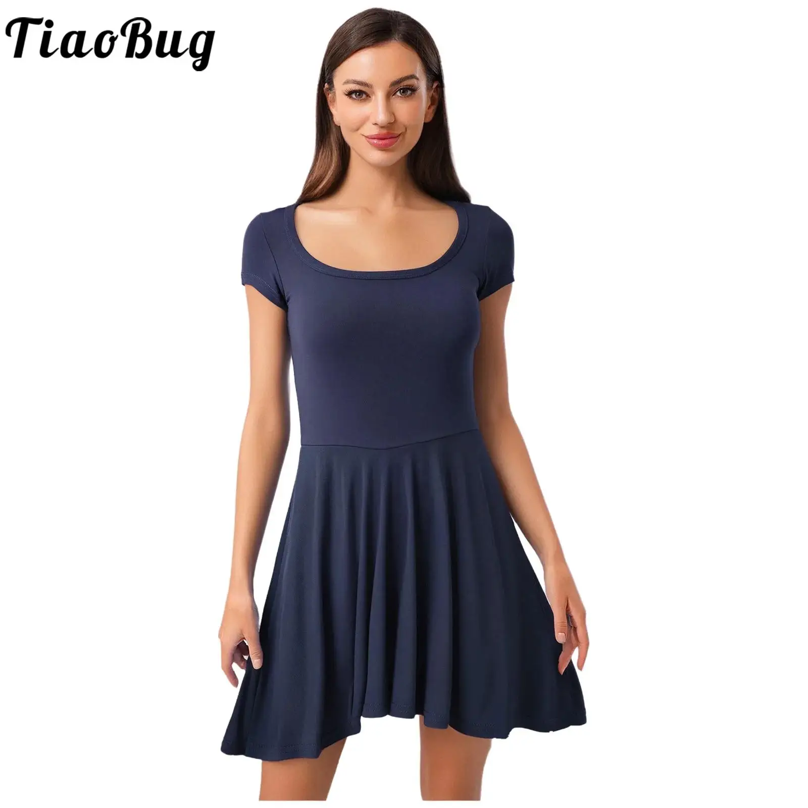 

Women Solid Color Versatile Mini Dress Casual Soft U Neck Short Sleeve Pleated Hem Dress for Vacation Tennis Date