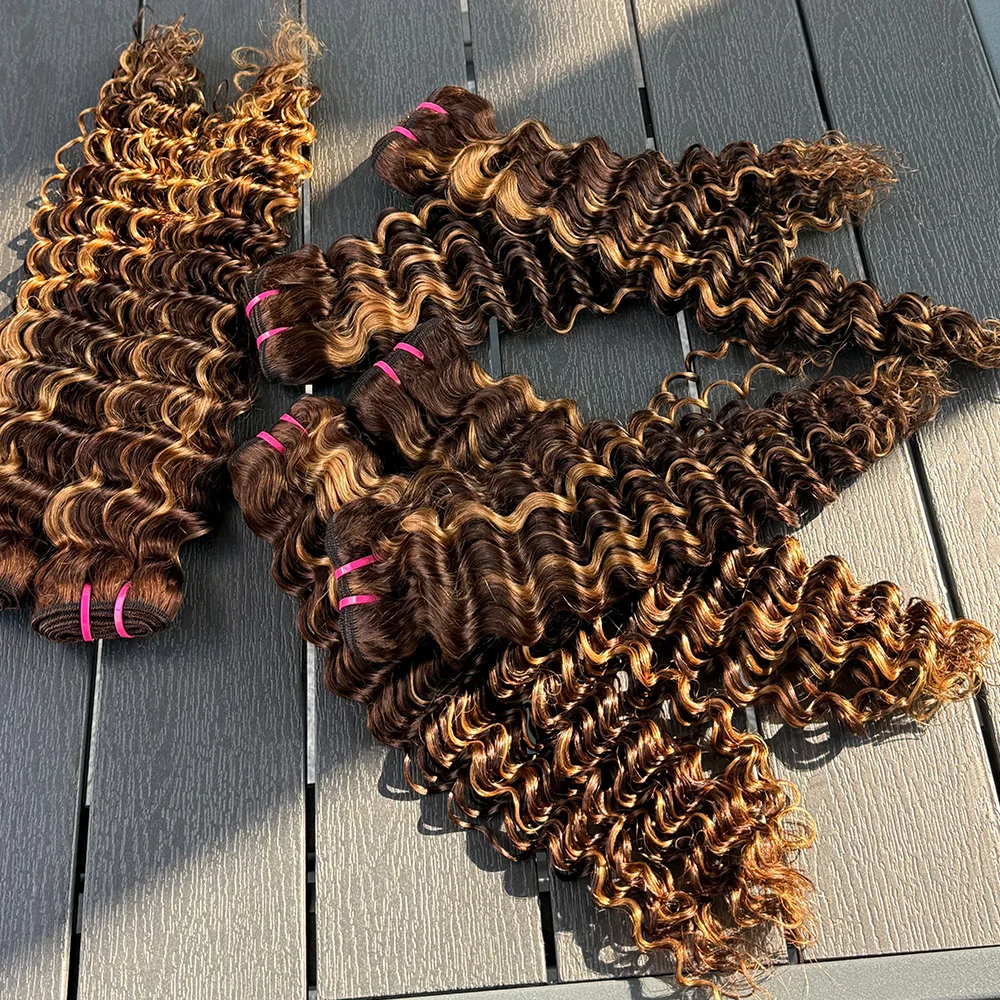 Onda profunda pacotes de cabelo humano 1-4 pacotes disponíveis 100% extensões de trama de cabelo humano real trama dupla oceano p4/27 cor para mulher.