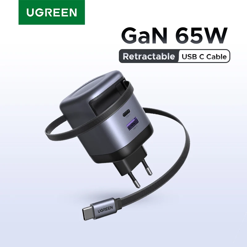 ugreen-65w-gan充電器、格納式usb-cケーブル付き、iphone-16-15-pro、samsung、xiaomi、ノートパソコン、macbook、タブレット対応pd急速充電器