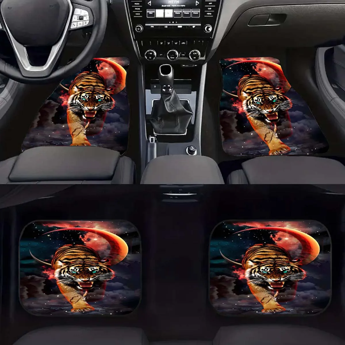 4pcs Tiger And Moon Print Car Floor Mat Set - Premium Crystal Velvet Vehicle Floor Mats, Full Front And Rear Coverage, Car Inter