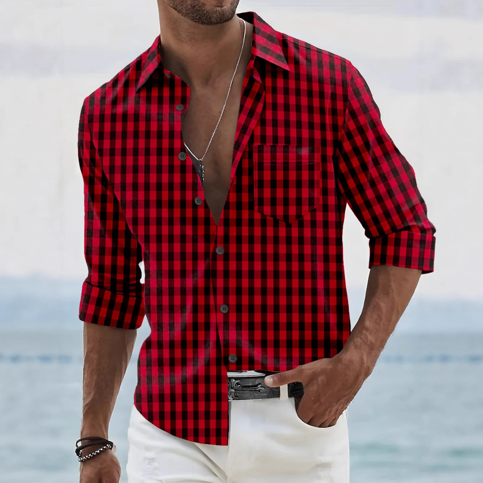 Streetwear Fashionable Men's Color Woven Checkered Pocket Long Sleeved Shirt 2025 Outdoors new Men's Loose and casual Tops K-Pop