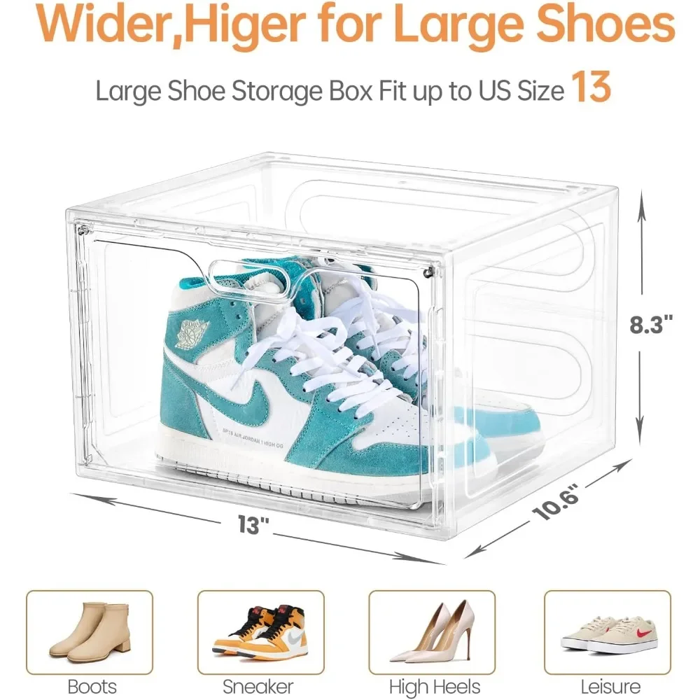 8 Pack Shoe Boxes Clear Plastic Stackable with Lids Size 1313’’x 10.6”x 8.3”