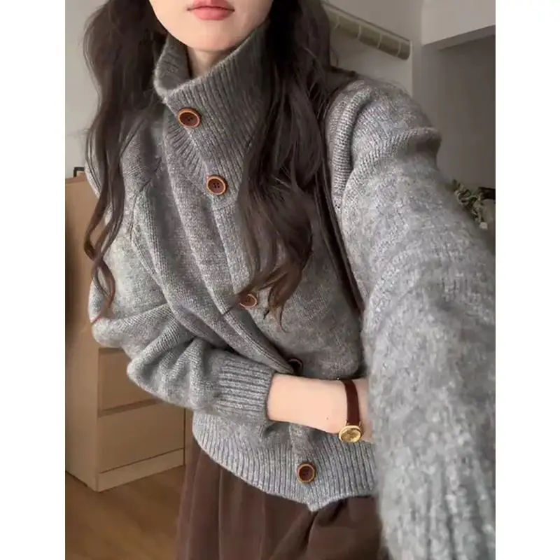 

Gray Turtleneck Women Knitted Cardigan Basic Solid Color Korean Fashion Sweater Loose Old Money Style Casual Autumn