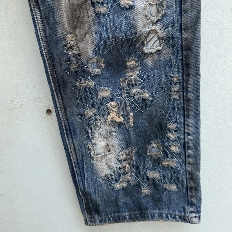 힙합 스타일 빈티지 데미지 라인 찢어진 바지 유럽 미국 하이 스트리트 트렌드 남녀 데님 바지 쓰그 클럽 청바지