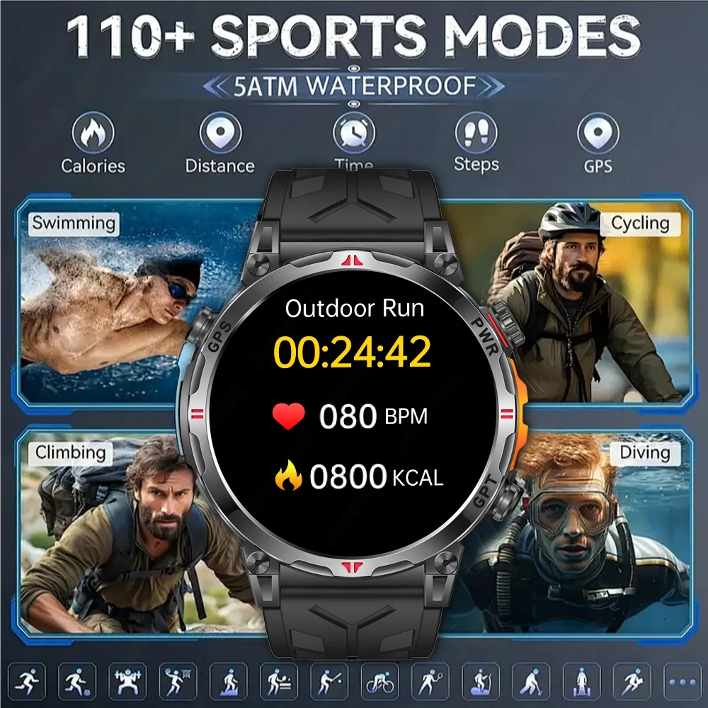 2026 ใหม่กีฬากลางแจ้งสมาร์ทวอทช์ผู้ชายกีฬาการตรวจสอบข้อมูลการติดตามสุขภาพเข็มทิศเครื่องวัดระยะสูงไอพี 69 บลูทูธโทรสมาร์ทวอทช์