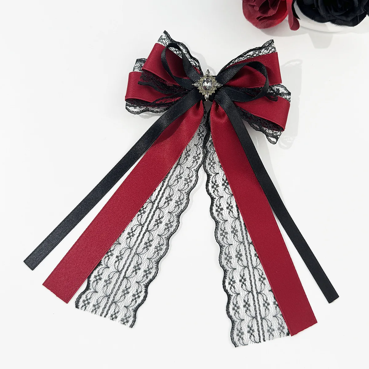 Gotische Schwarz-Rote Spitzen-Satin-Haarspange mit Vintage-Strass-Quaste, Lolita-Haaraccessoires für Alltag, Party und Hochzeit – Detail 6