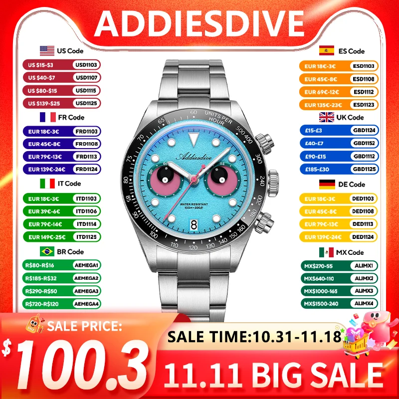 ADDIESDIVE Quartz Men's Watch VK64 Stainless Steel Strap BGW9 Luminous 100M Waterproof Round Watch