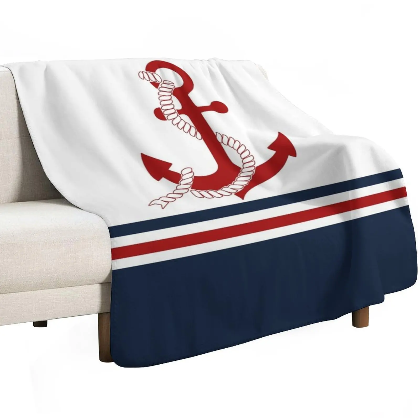 

Nautical navy blue and white stripes with a red anchor Throw Blanket Sofa Throw Baby Hairy Picnic Blankets