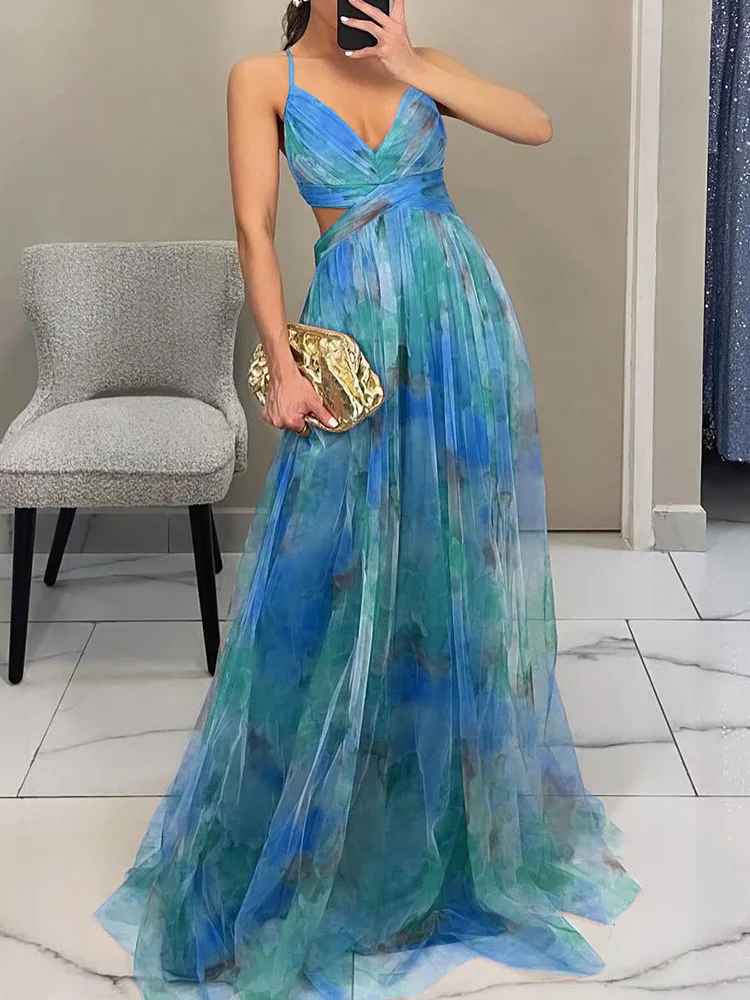 V-Neck Sexy Hollow Out Party Dress, Women Summer Loungewear Fashion Printing Maxi Dress, Sleeveless Lace-Up Ladies Dress Vestido