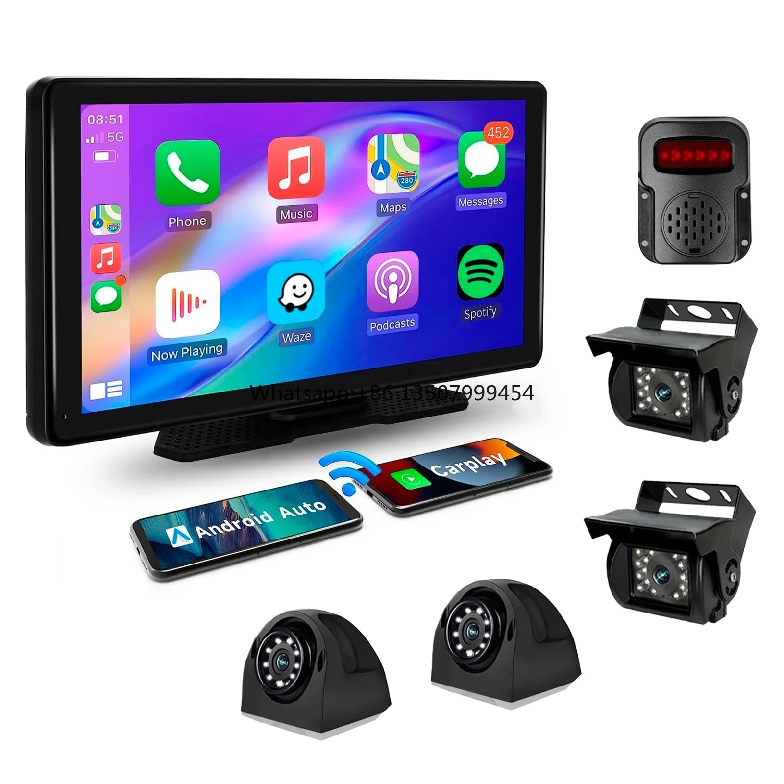 10.36'' Wireless Carplay Android Auto Loop Recorder Dashcam Front Rear Camera System Truck Blind Spot Reverse Camera Monitor