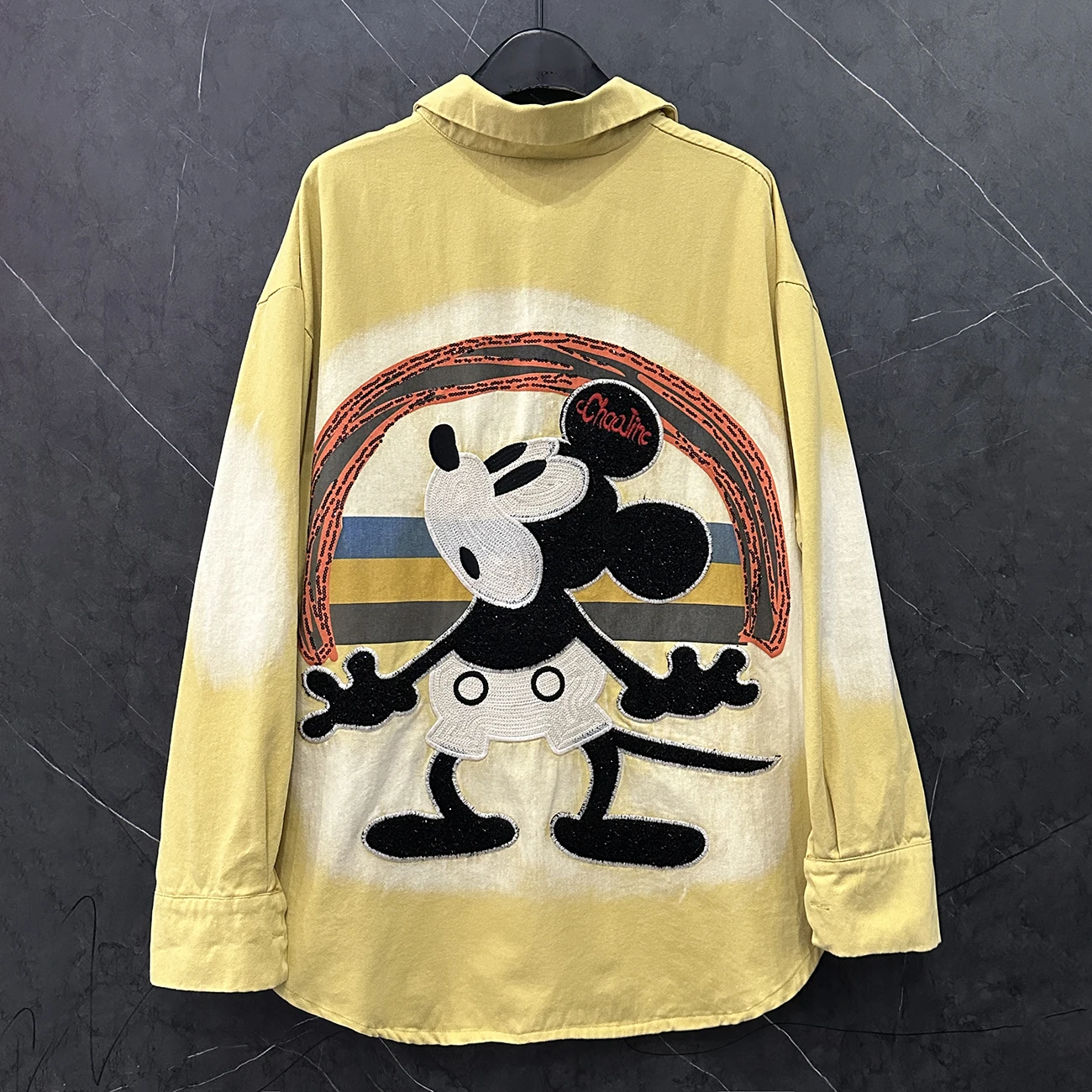 2025 primavera y otoño industria pesada bordado dibujos animados Denim camisa chaqueta mujer suelta moda lentejuelas manga larga Top