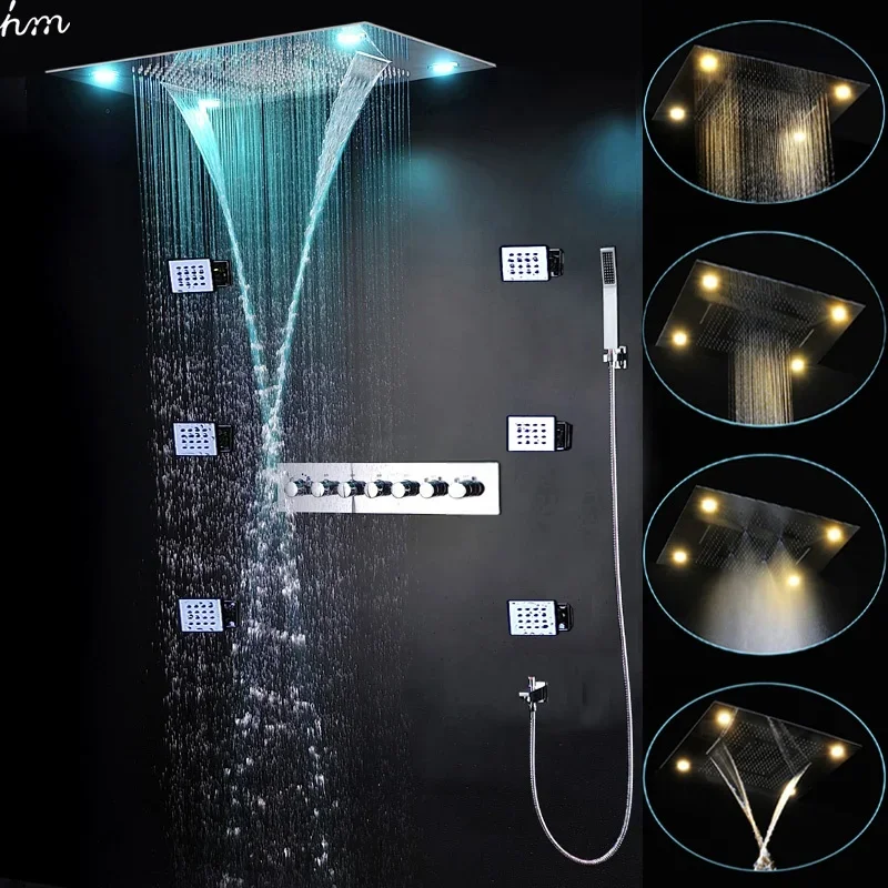 

Luxury Bathroom Rainfall Shower Heads Ceiling Waterfall SPA mist LED Shower panel 6 Ways Thermostatic Shower Diverter Faucets