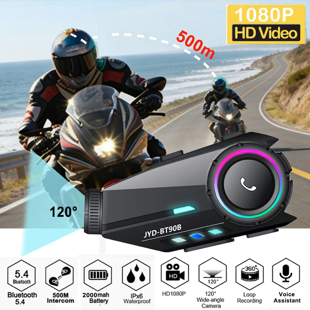

500m Motorcycle Helmet Intercom Headset & 1080P Dash Cam Video Record Bluetooth Handsfree Interphone Waterproof 2000mah RGB Lamp