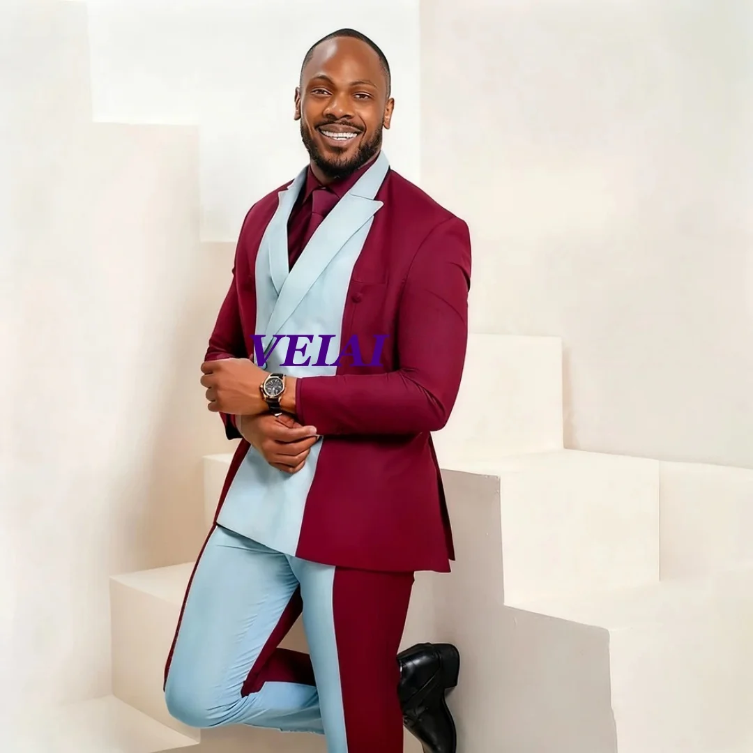 

Мужские костюмы на заказ: двубортный пиджак с острыми лацканами и зауженные брюки, комплект из 2 предметов, бордово-синий, высококачественная одежда для вечеринок