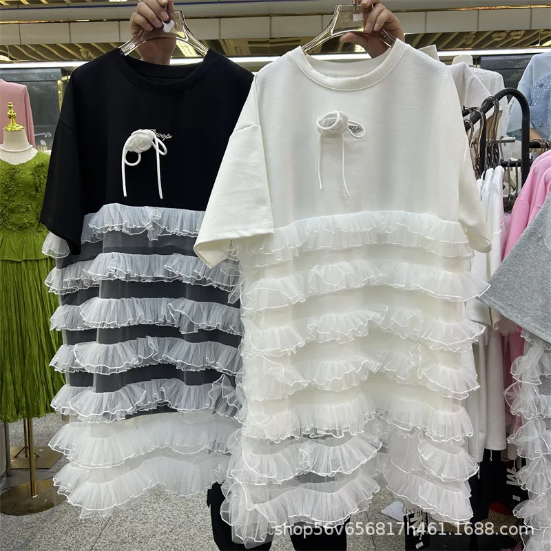 Chic ผู้หญิงตาข่าย Spliced Ruffles เสื้อยืดฤดูใบไม้ผลิฤดูร้อนผ้าพันคอจีบ 3D Bowtie Tees หลวมแขนสั้นเส้นด้าย Tops ...