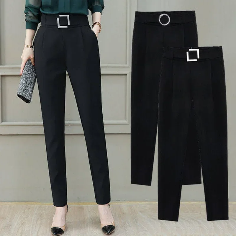 Spring and Summer Women Elastic Suit Harlan Pants Black High-waist Fashion Nine-point Suit Pants Slim Casual Pants Women