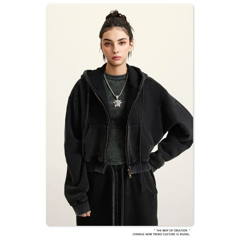 Hot Girl Sweatshirts Hooded Zipper Jackets Plus Velvet Women Clothing Autumn Winter Retro Washed Distressed Short Tops Hoodies