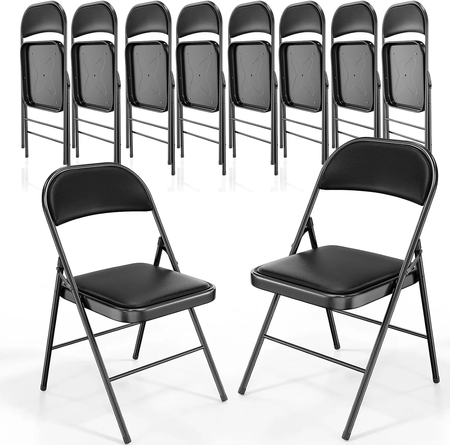 

10 Pa Bla Folding Chairs With Padded Seats, Metal Frame With Pu Leather Seat & Back, Acity 350 Lbs