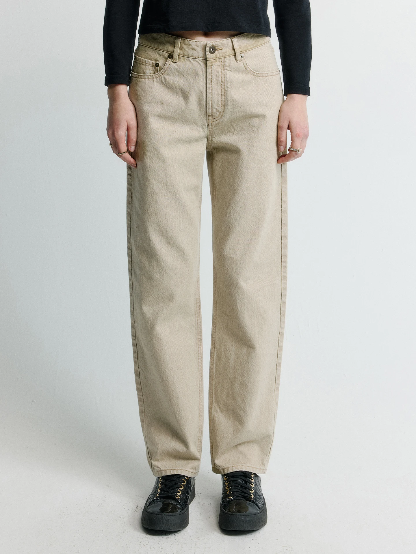 

SOV Clay Denim Miu Homologous CANDIANI Washed Jeans Ladies Straight Leg Cotton Jeans Natural Waist Button Closure