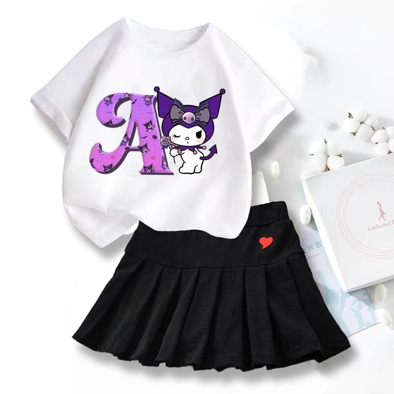 New Sanrio Kuromi T-shirts Skirt Set Cute Cartoon Letter A-Z Printed T-shirt Kawaii Children Casual Sportswear Girls Clothes