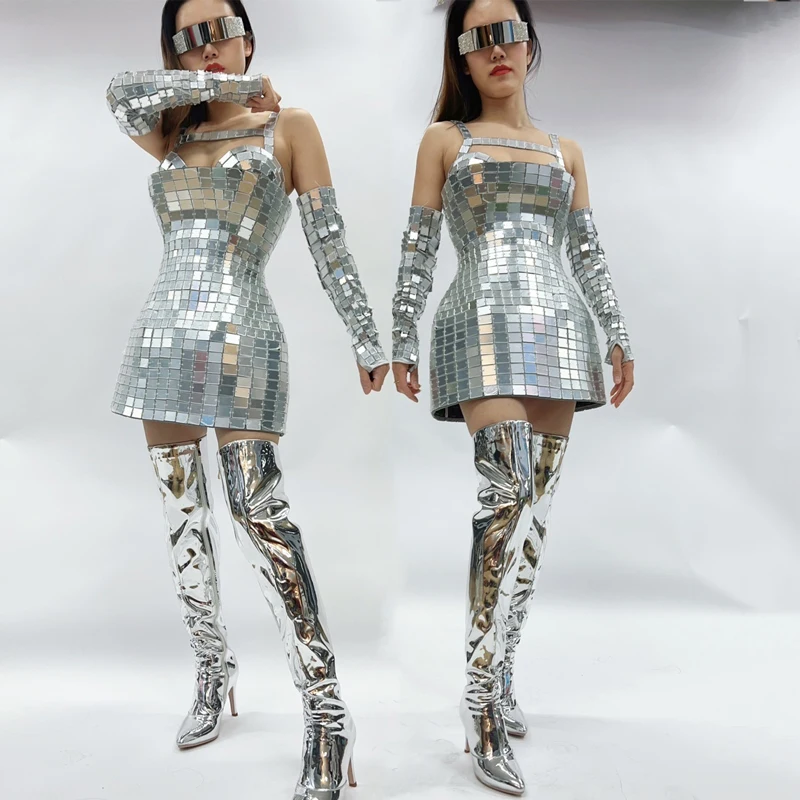 Full Silver Mirrors Dress Sexy Pole Dance Outfit Bar Nightclub DJ Gogo Costume Women Tech Style Stage Performance Dresses XS7598