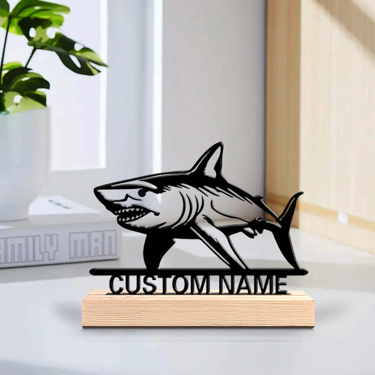 1pc Fashion Personalized Custom Shark Metal Statues Metal Art Sculpture With Wooden Base Anniversaries Men's Gifts