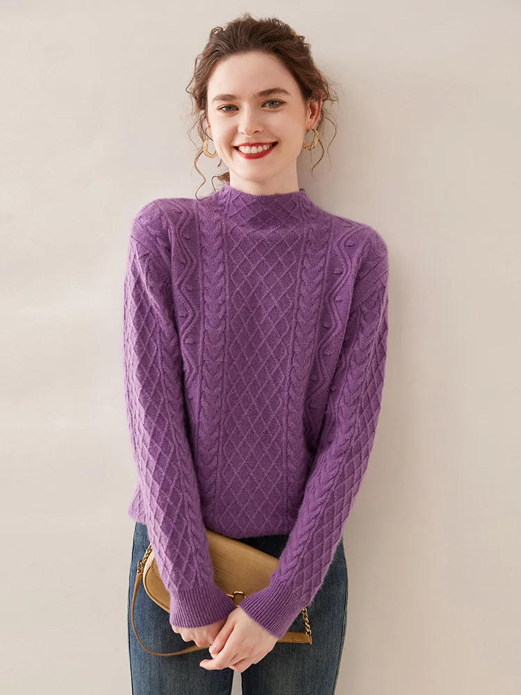 Aliselect  Fashion Thick Autumn Winter 100% Cashmere Sweater Women Pullover Mock Neck Sweater Warm Knitted Twisted Tops Clothing