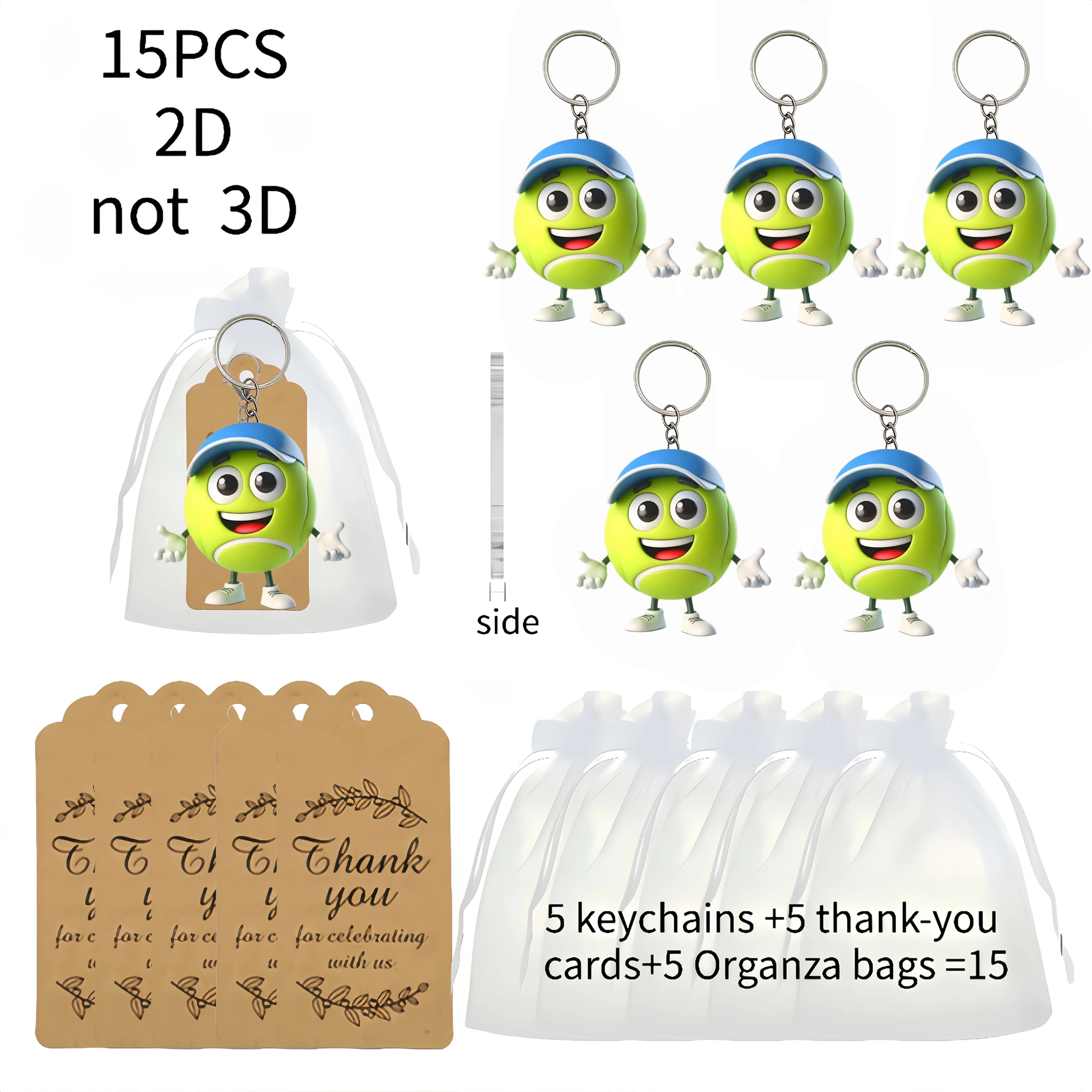 5sets Tennis Player Keychain Inculding 2D Acrylic Pendant & Thank You Cards & Orangza Bags Creative Ornaments Gifts for Decor