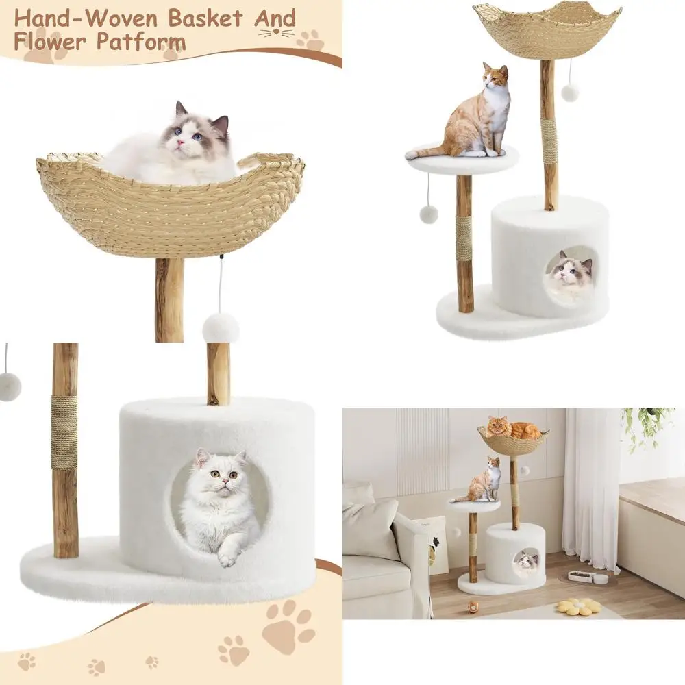 

46-Inch Natural Wood Cat Tower: Four-Level Spacious Design for Multiple Cats, Rattan Basket, Pom-Poms, Easy Assembly, Non-Slip B