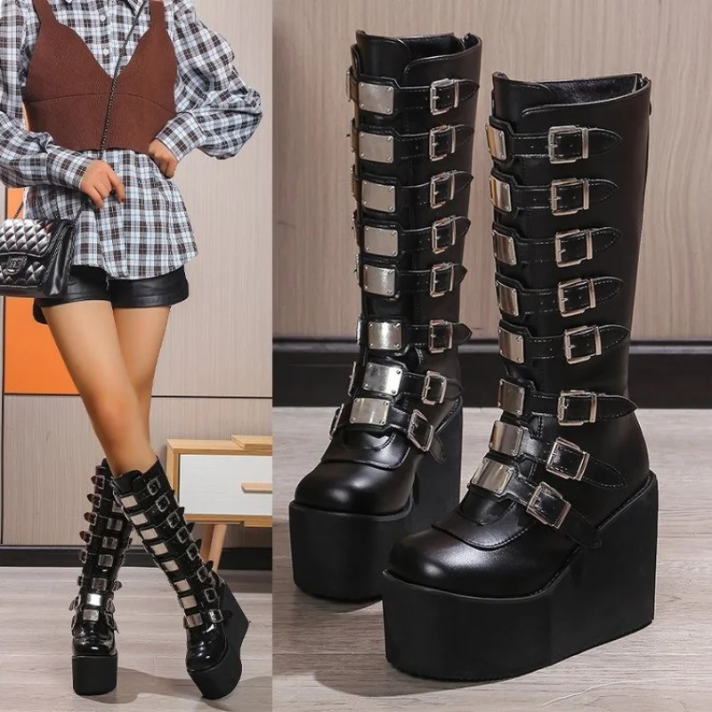 Brand Design Female Wedges High Heels Knee High Boots Black Platform Boots Women 2022 Gothic Cosplay Shoes Botas Femenina