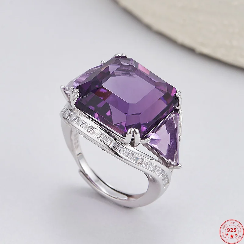 

Кольца из стерлингового серебра 925 пробы для женщин и мужчин, квадратный спутывающий самолет, натуральный аметист, супер циркон, блестящие модные ювелирные изделия, оптовая продажа