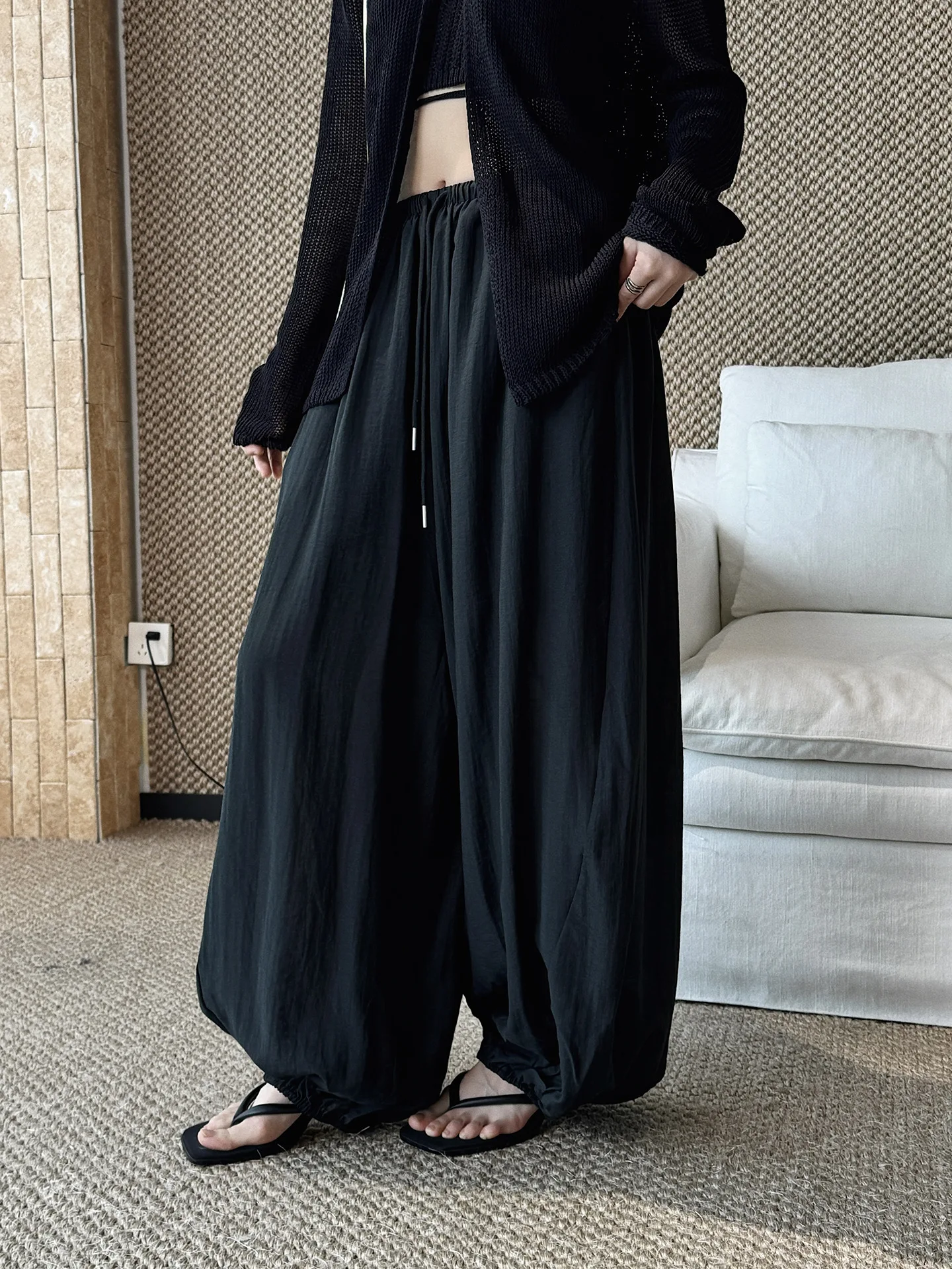 Summer New Parisian Style Elastic Drawstring Pleated Casual Pants With Healing Effect, Loose Leg Binding Pants for Women