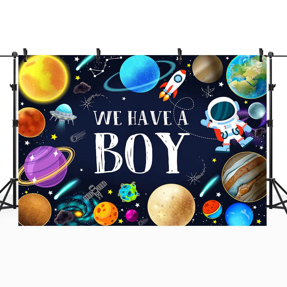 Mocsicka We Have A Boy Baby Shower Backdrop Space Planet Universe Boys Welcome Party Photo Background Decor Banner Newborn Props