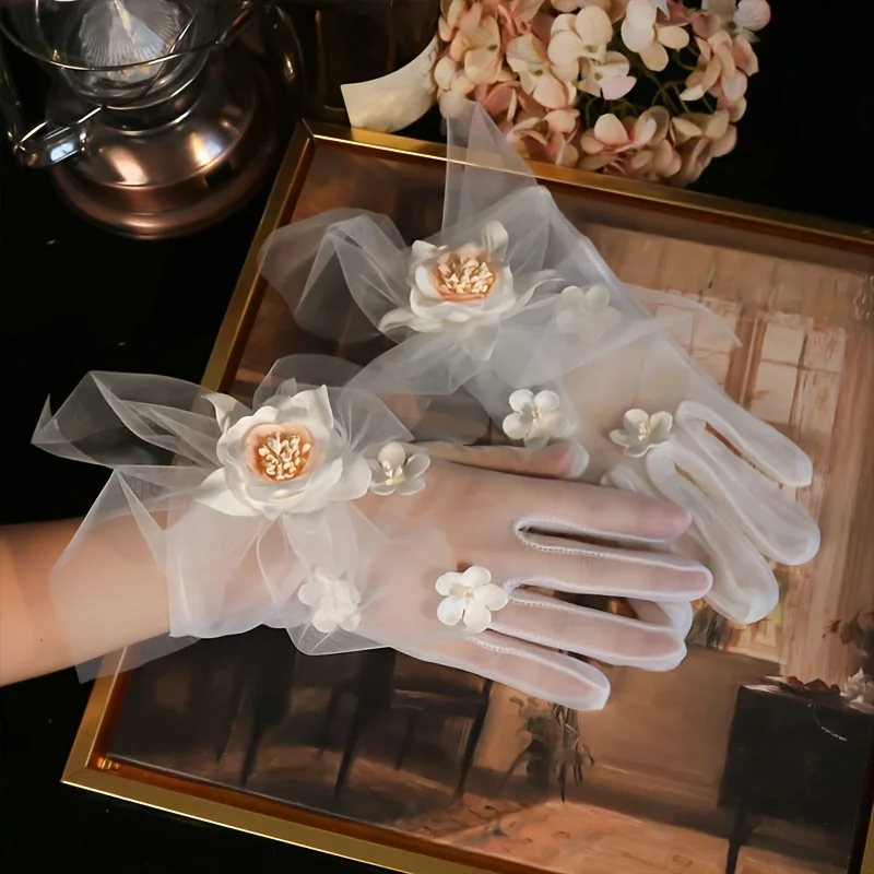 

Элегантные и простые милые перчатки для невесты, кружевное мягкое сетчатое свадебное платье с жемчугом, свадебный бант, аксессуары для подружки невесты