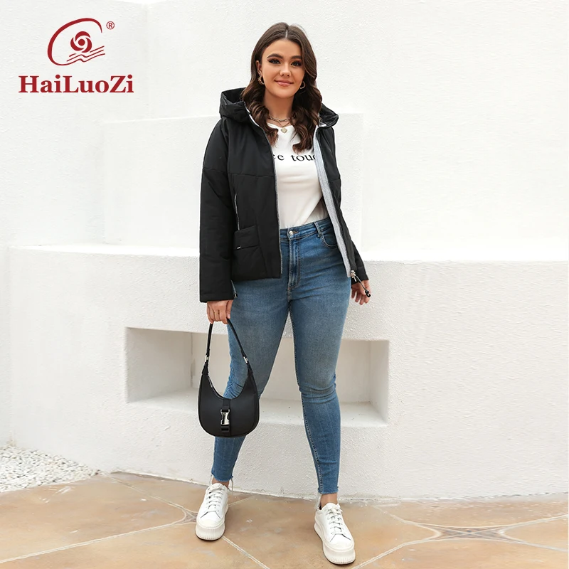 HaiLuoZi 2022 New Women\'s Jacket Spring Women Casual Short Plus Size Coat Fashion Splicing Warm Female Hooded Cotton Parkas 7871