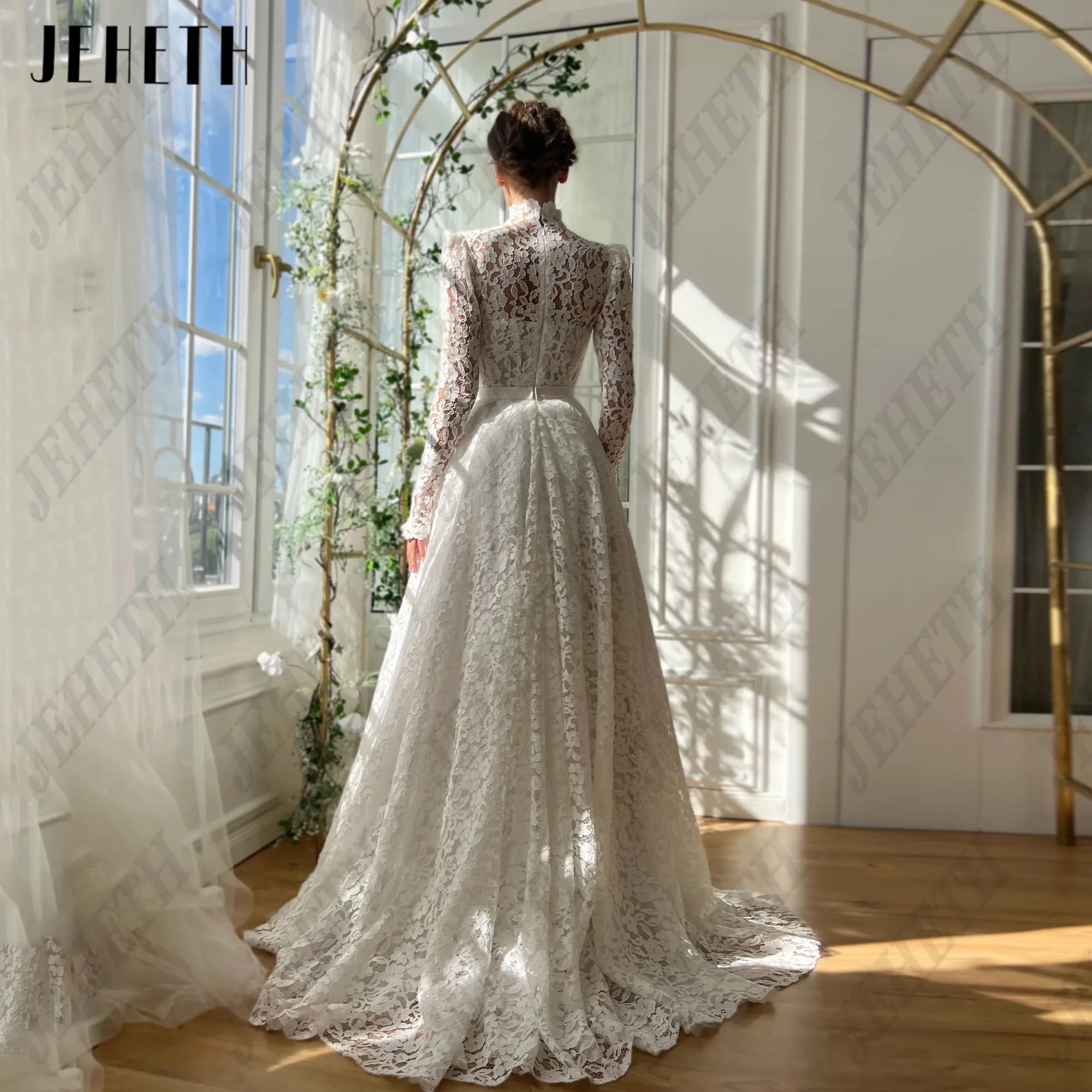 JEHETH Lace Long Prom Dresses Women Full Sleeves Ivory Luxury Party Gowns Formal Evening Dresses Sweep Train A-Line High Neck