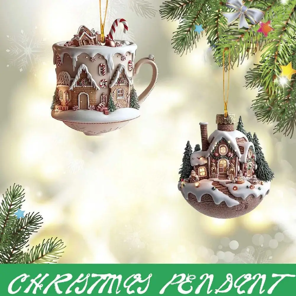 Christmas Snow House Pendant Car Hanging Acrylic Cute Coffee Cup Exquisite Christmas Tree 2025 New Year Gift Home Decorative