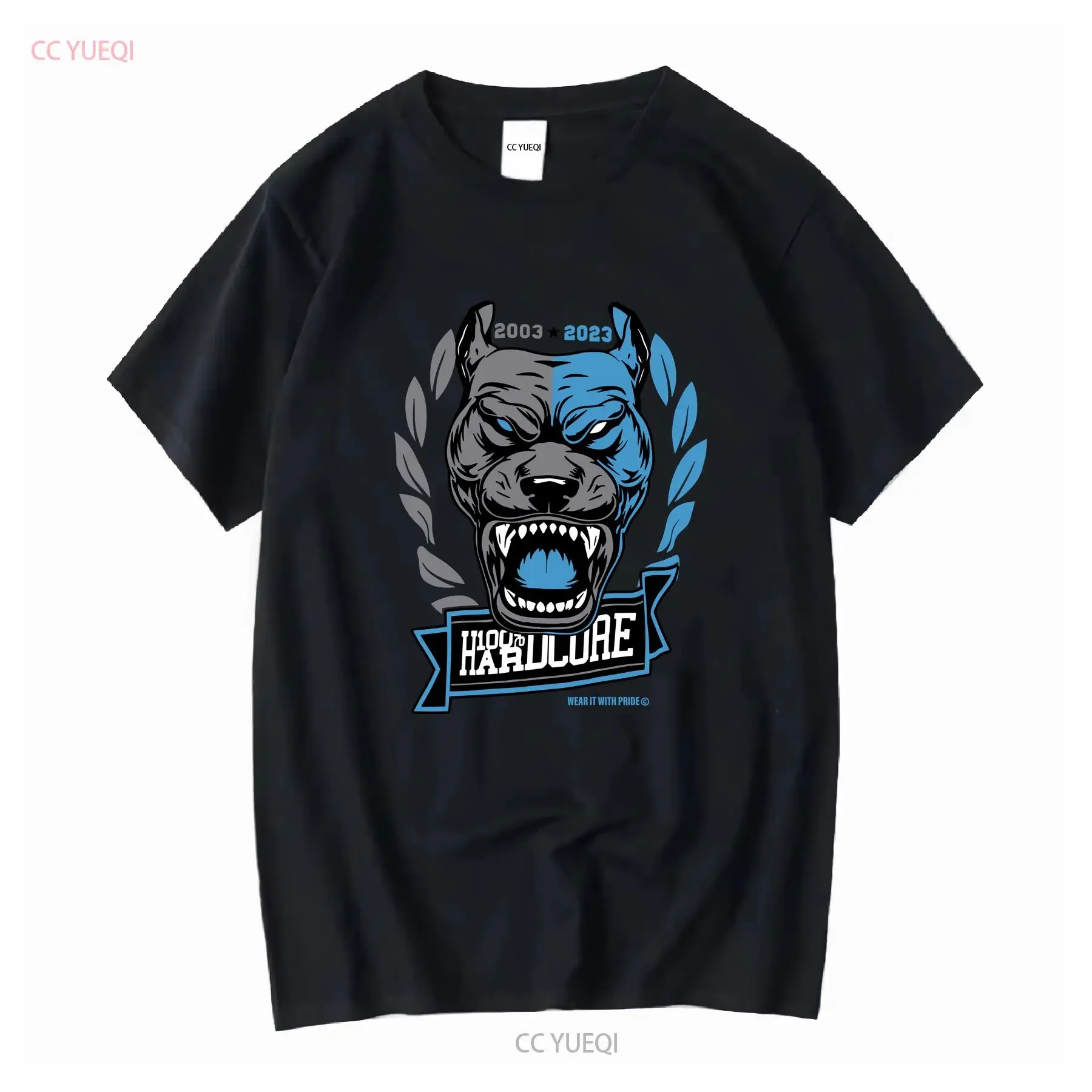 100 HARDCORE Men's Pride Dog T Shirt White Blue 305424100 Gabber vintage Washed Unisex streetwear Casual Top For Everyday Wear