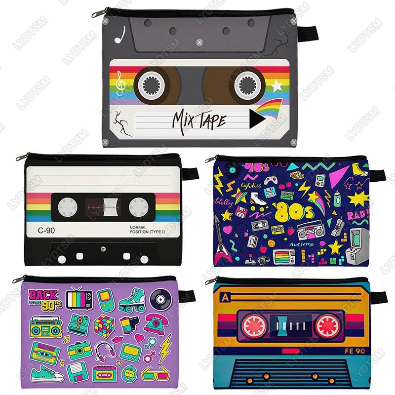 80s 90s Cassette Box Graphic Cosmetic Case Music Mix Tape Women Makeup Bags Lipstick Storage Bags Old School Toiletries Pouch