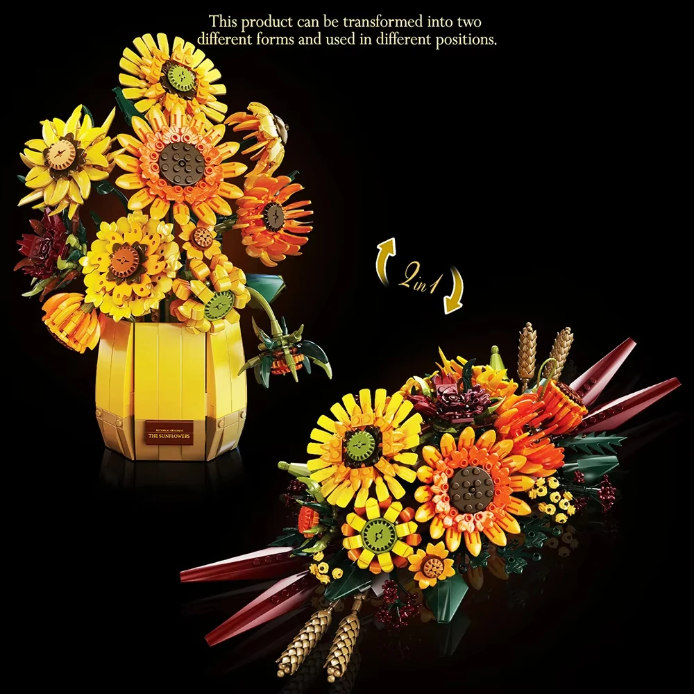 

1328pcs Sunflower Creative Romantic Building Blocks Flowers Bouquet Vase Model Bricks Set Home Decoration Kids Toys Gifts