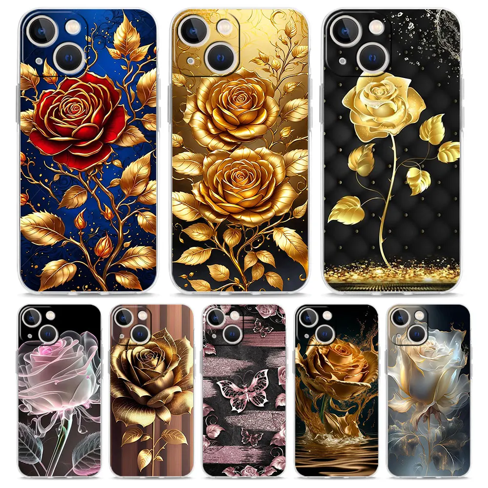 Soft TPU Transparent Phone Case Cover for iPhone 17 16 15 14 13 12 11 Pro Max 17 Air 7 8 Plus Shell Fundas Gold Rose Love Heart