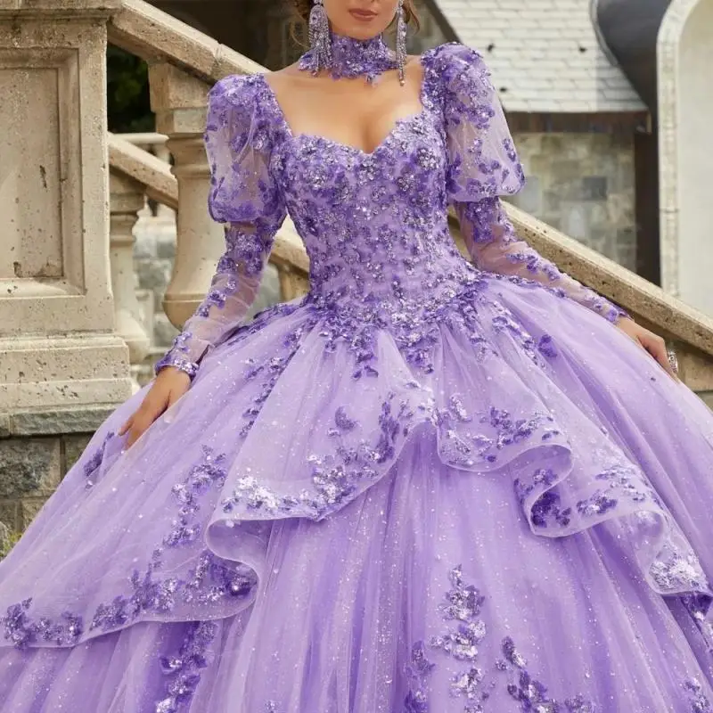 Rode Quinceanera-jurk met lange mouwen 2025, glamoureuze lieverd feestjurk, glanzende applique, feestbaljurk 16, op maat