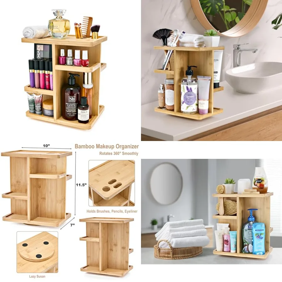 

360 Makeup Organizer - Bamboo Wood Make Up Storage Carousel for Cosmetics, Skin Care Rotating Makeup Organizer for Vanity, Bath