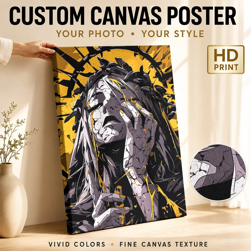 Thorn Crowned Figure In Yellow Framed Canvas Print Personalized Photo Distressed Comic Illustration Wall Art For Home Cinema