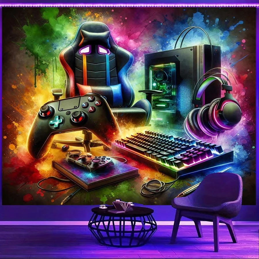 1PC Gaming Setup Colorful Art Print Backdrop Banner, Bedroom Living Room Photo Background, Polyester, Home Decor, Wall Art