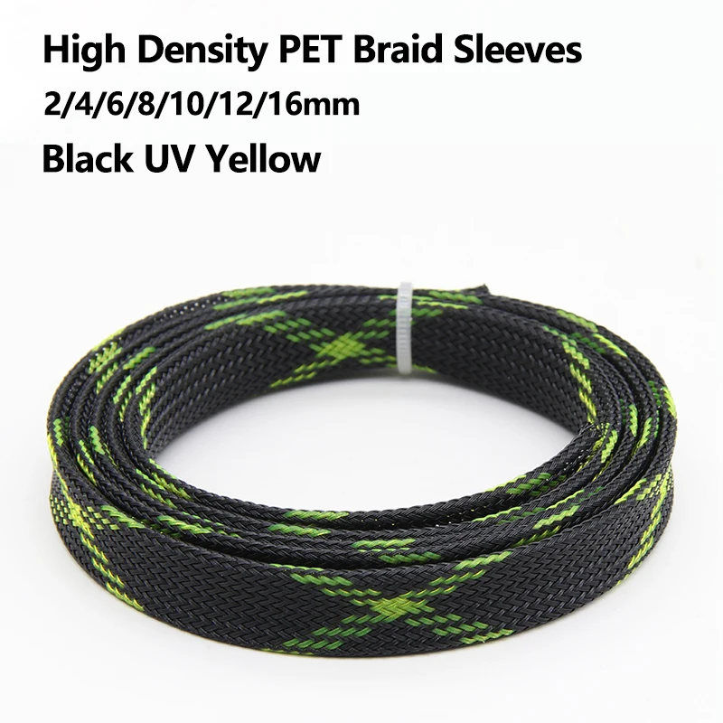 1~50m Black UV Yellow PET Braid Sleeve 2/4/6/8/10/12/16mm High Density Sleeving Snake Skin Cable Wrap Sheath For Electric Cables