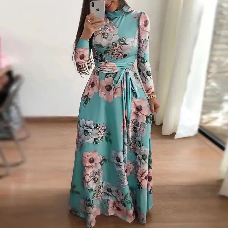 Elegant Women\'s Spring and Autumn Fashion Printing Round Neck Long Sleeve Slim Fit Belt Bohemian Long Dresses vestidos S-5XL