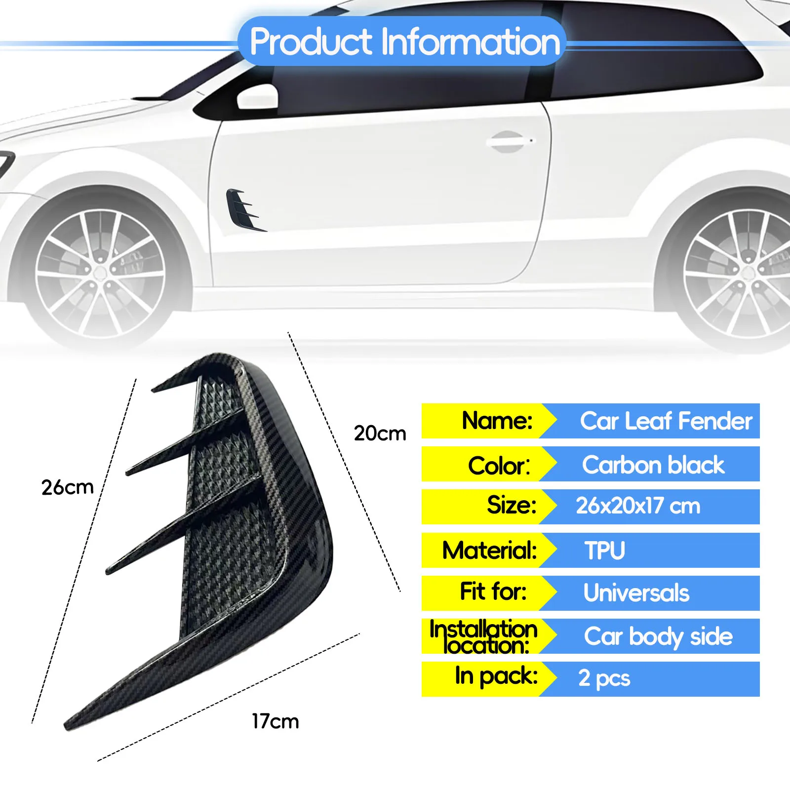 Car Decoration Carbon Black fender side wing leaf panel vent air flow intakehole side grille sticker Carbon black 2 pcs