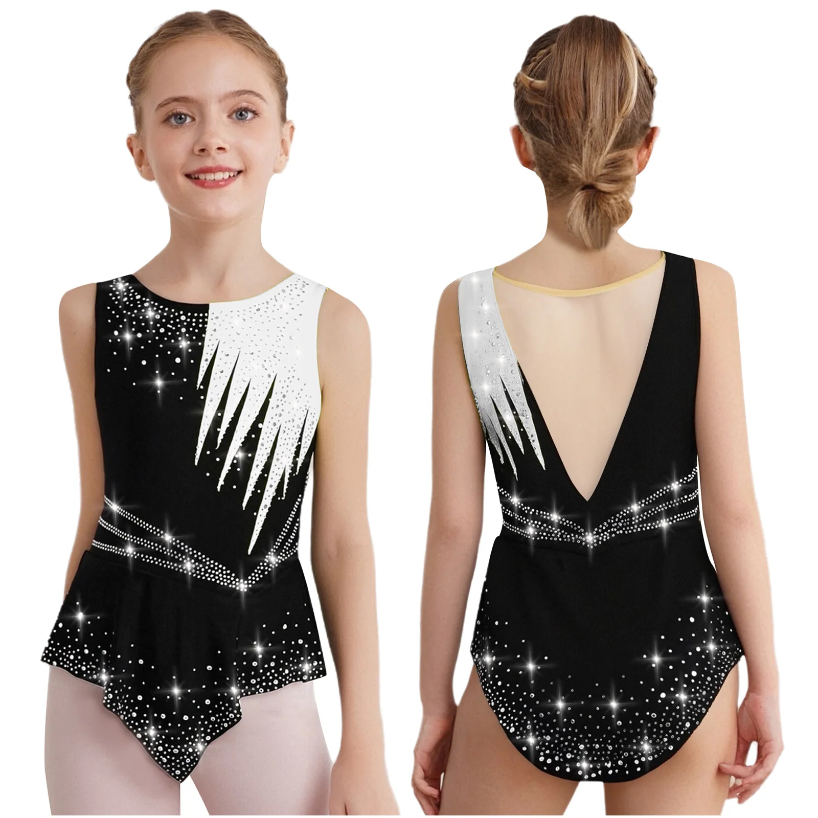 

Kids Girls Rhythmic Rhinestones Dance Performance Bodysuit Sheer Mesh Ballet Waltz Latin Figure Skating Stage Performance Wear