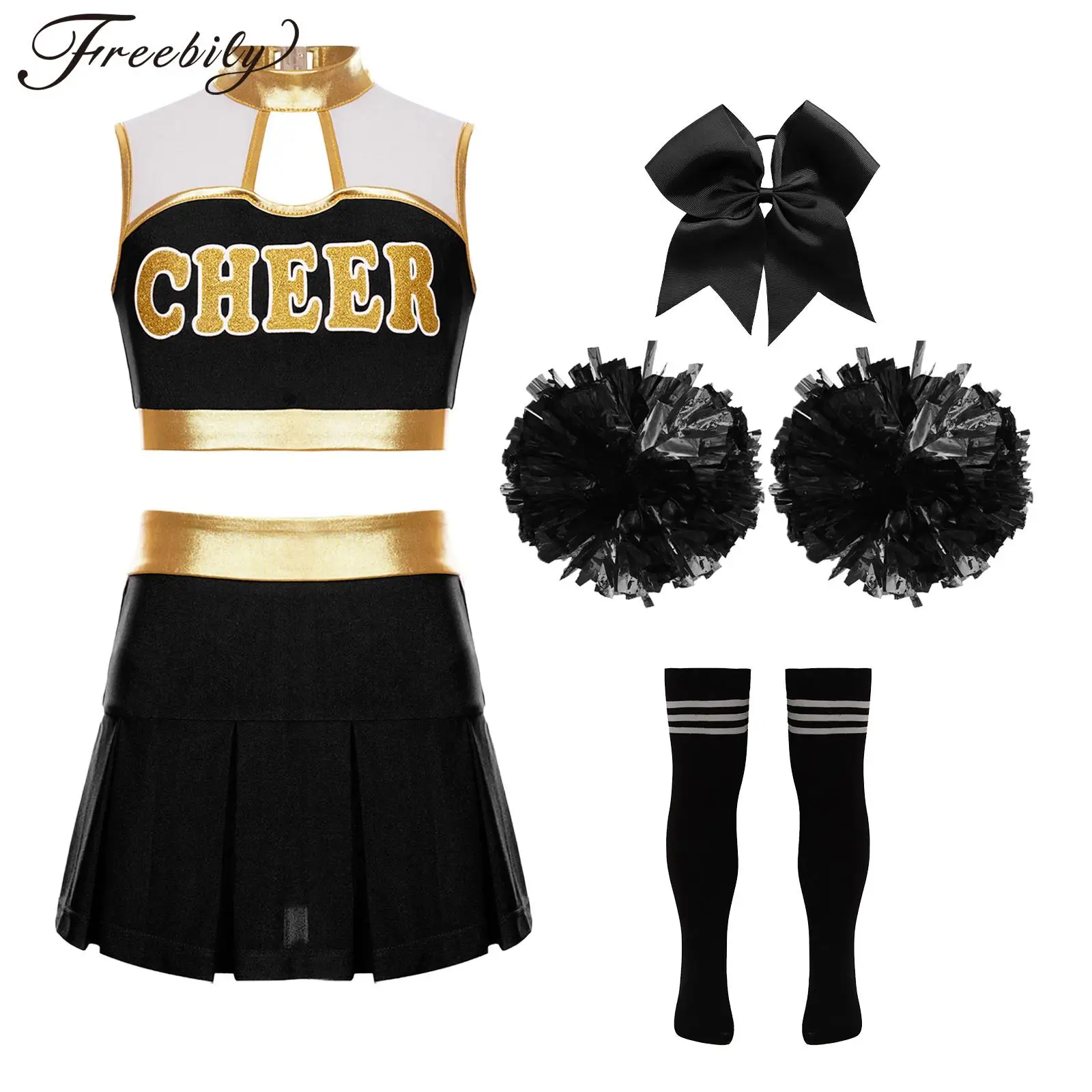 

Kids Girls Cheerleading Outfits Cheer Leader Uniforms Halloween Cosplay Fancy Dress Up Crop Top with Pleated Mini Skirt Set